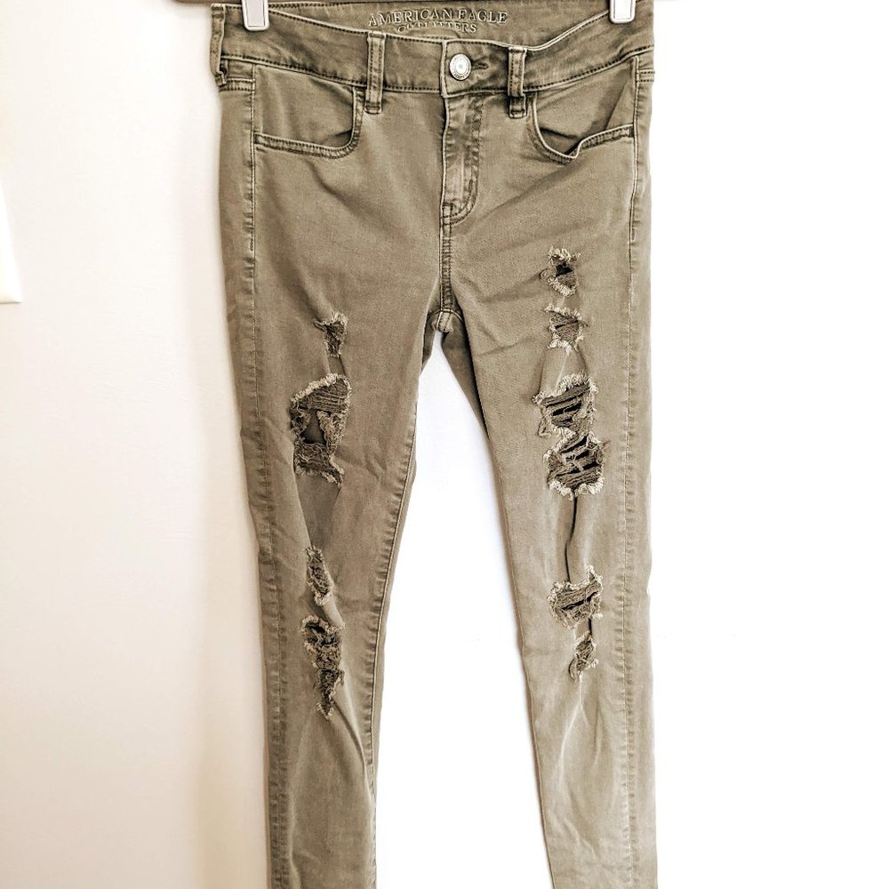 American Eagle Army Green Distressed Jegging AEO Twill